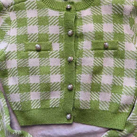 São Paulo Green/White Checkered Cropped Cardigan - Picture 3 of 8